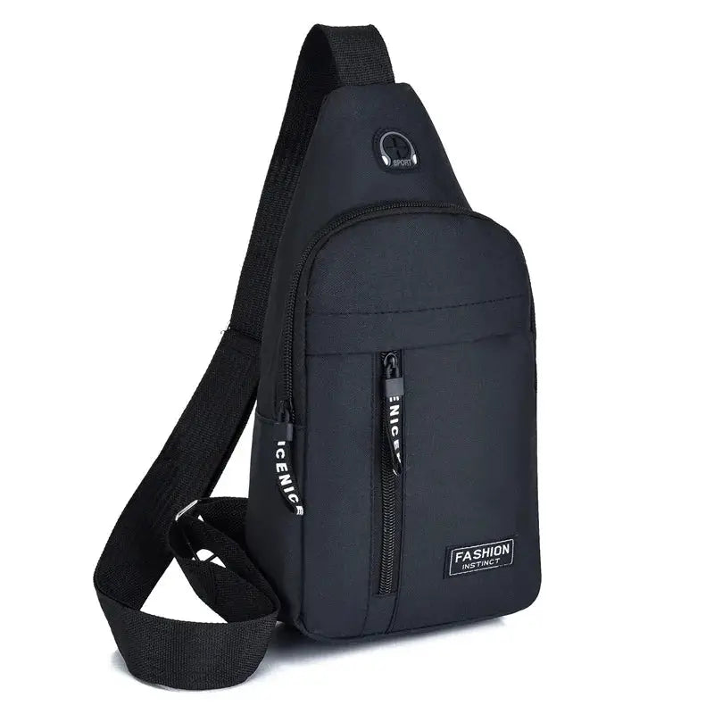 Chest bag black Oxford cloth sling with single strap, vertical front zipper pocket, casual waterproof messenger style