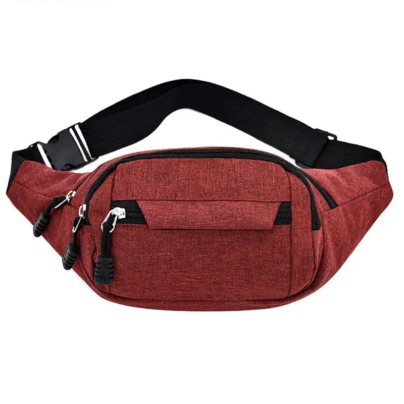 Simples Market red waist bag with multiple zip pockets and adjustable black strap