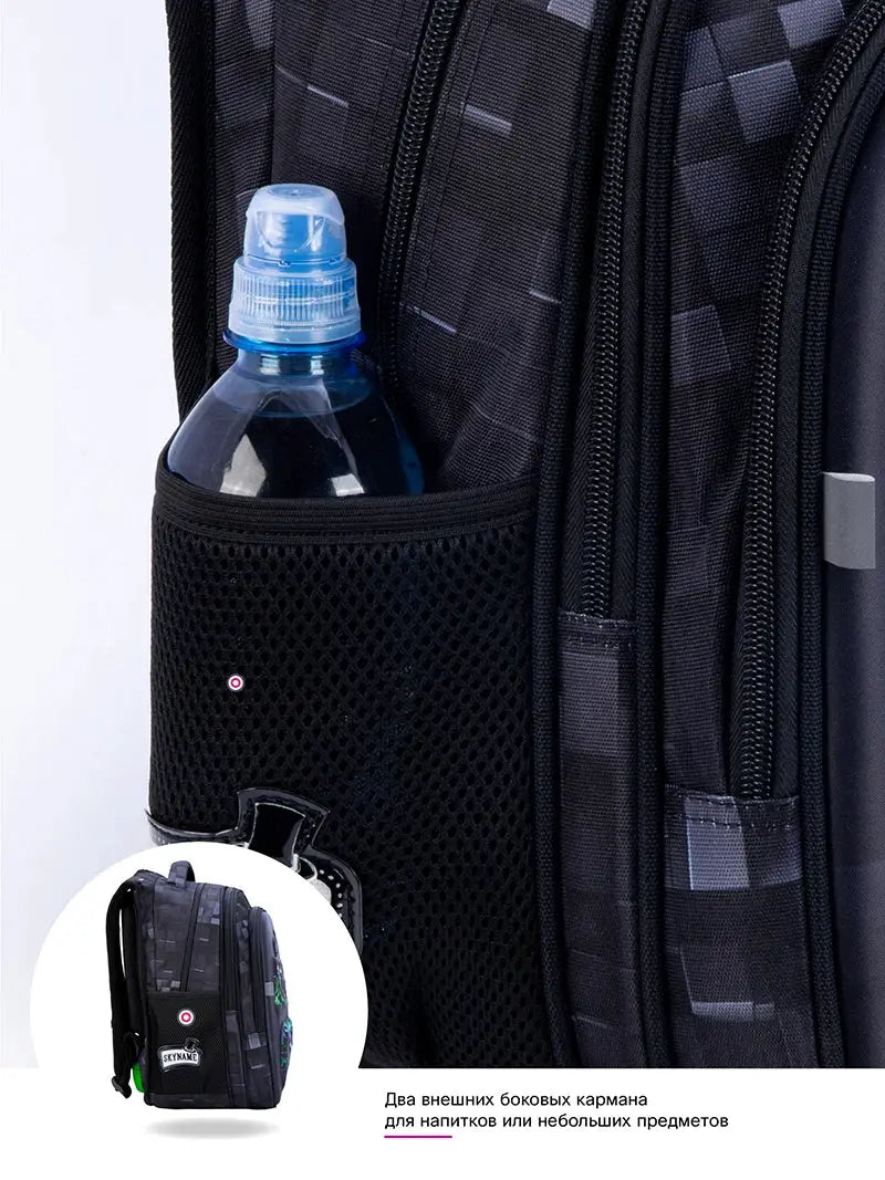 Simples Market black boys' school backpack with side mesh bottle pocket and blue water bottle