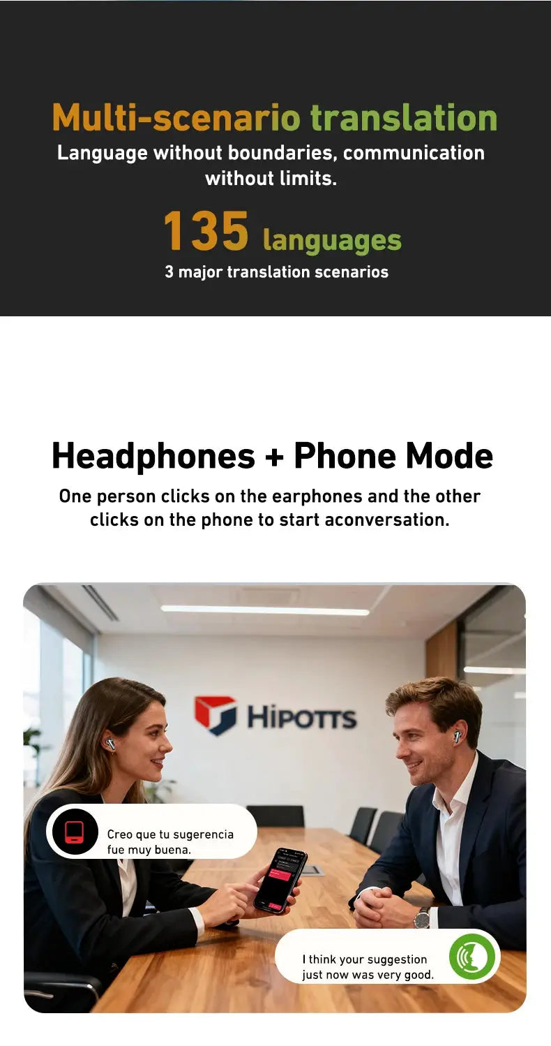 HTC NE48 TWS wireless earbuds by Simples Market in an office promo with two people wearing earbuds and a Hipotts logo.