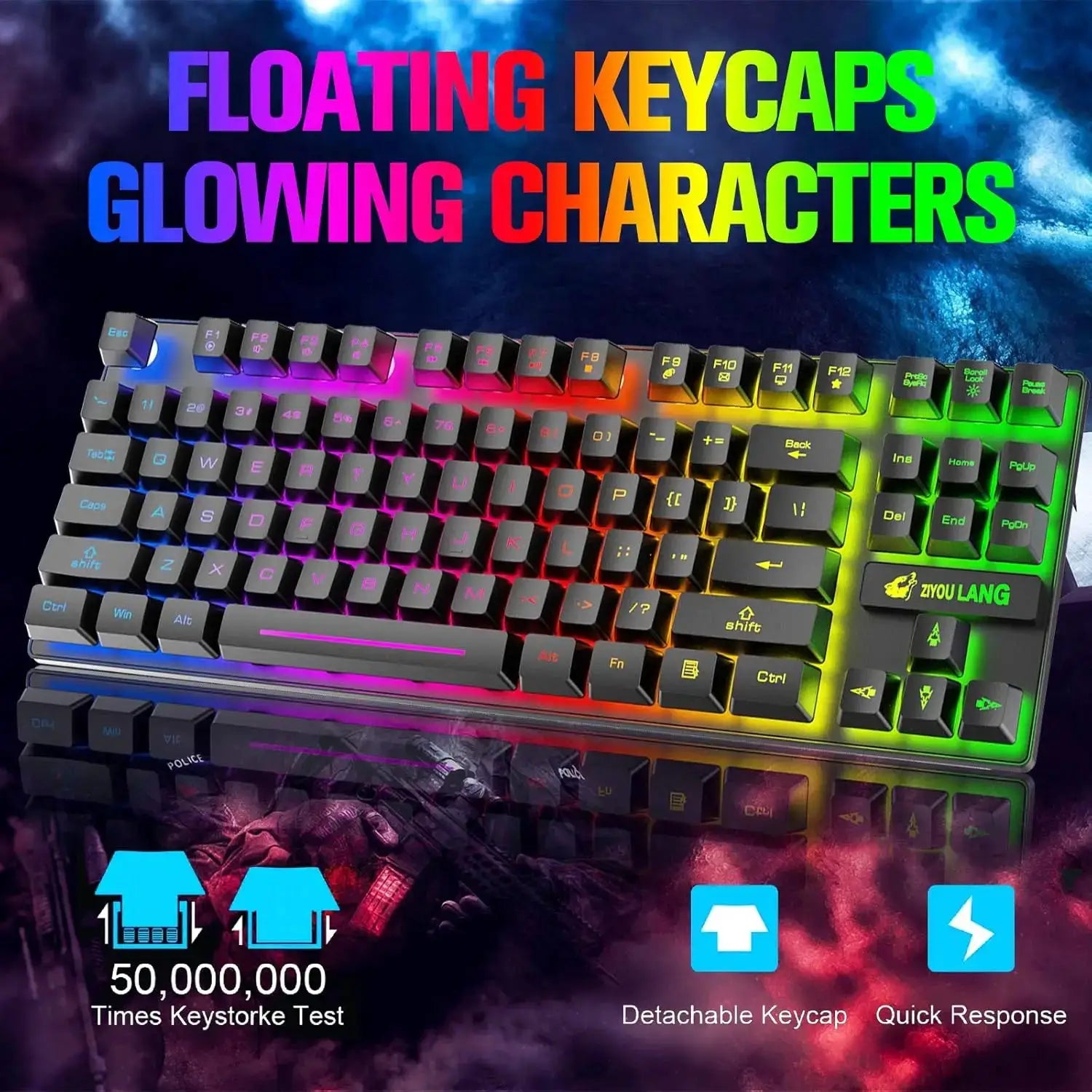 T87 wireless keyboard set by Ziyou Lang with rainbow RGB backlighting and detachable keycaps