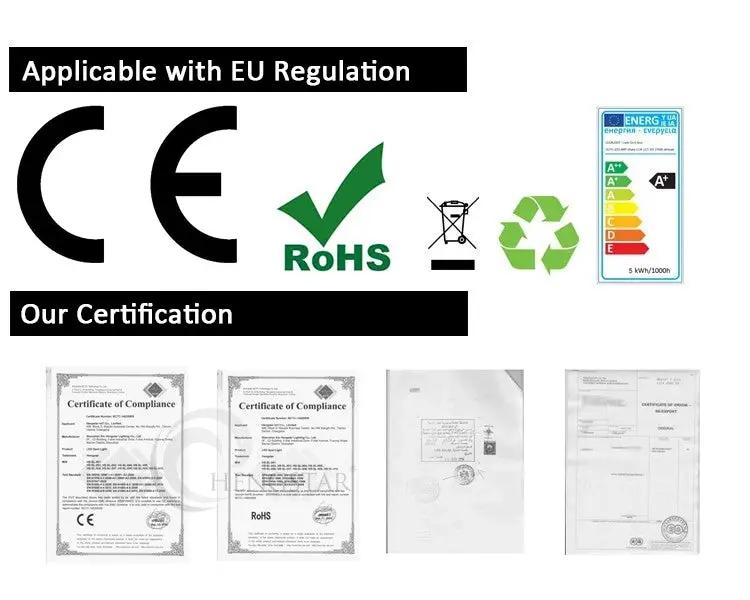 Industrial chandelier by Simples Market with CE and RoHS certification logos and four certification documents