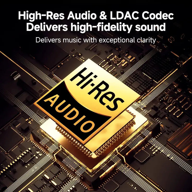Hi-Res Audio chip graphic on a gold circuit board with intricate electronics