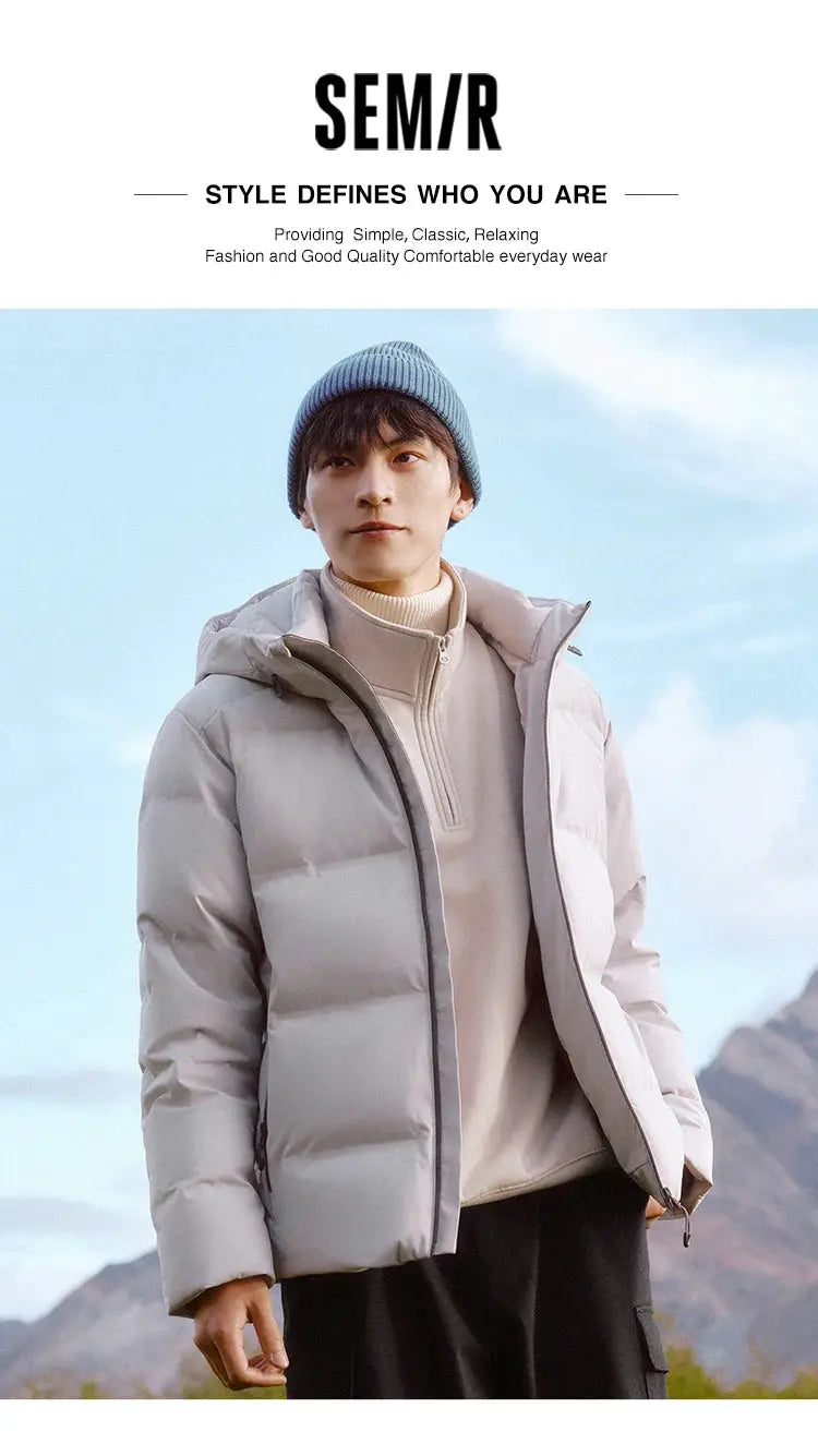 Semir down jacket for men, light gray hooded puffer worn by model outdoors; Simples Market