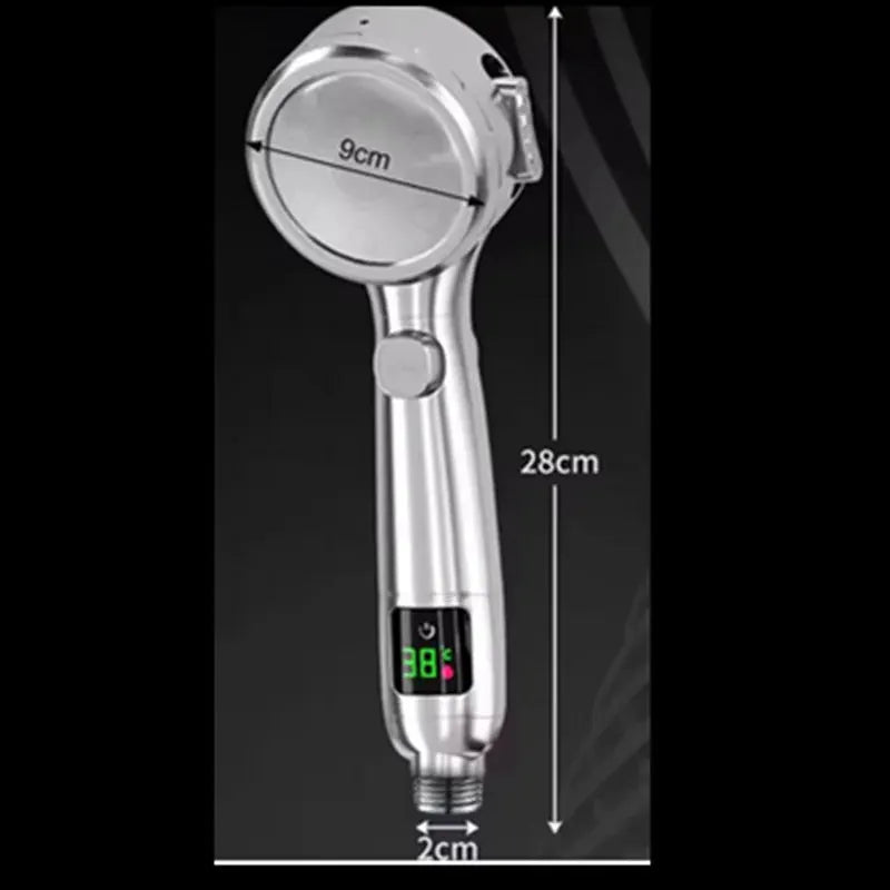 Chrome handheld shower head with LED digital temperature display and high-pressure spray