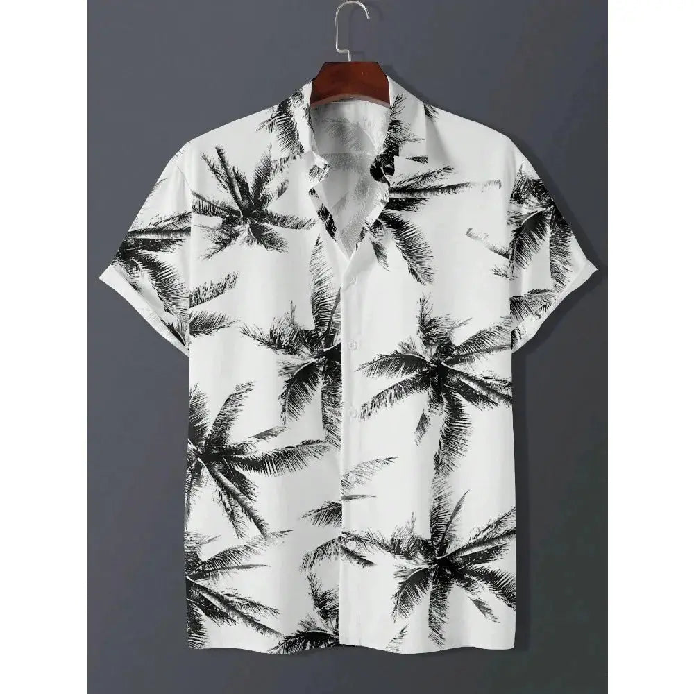 Hawaiian shirt for men, white with black palm tree print, lightweight beachwear by Simples Market