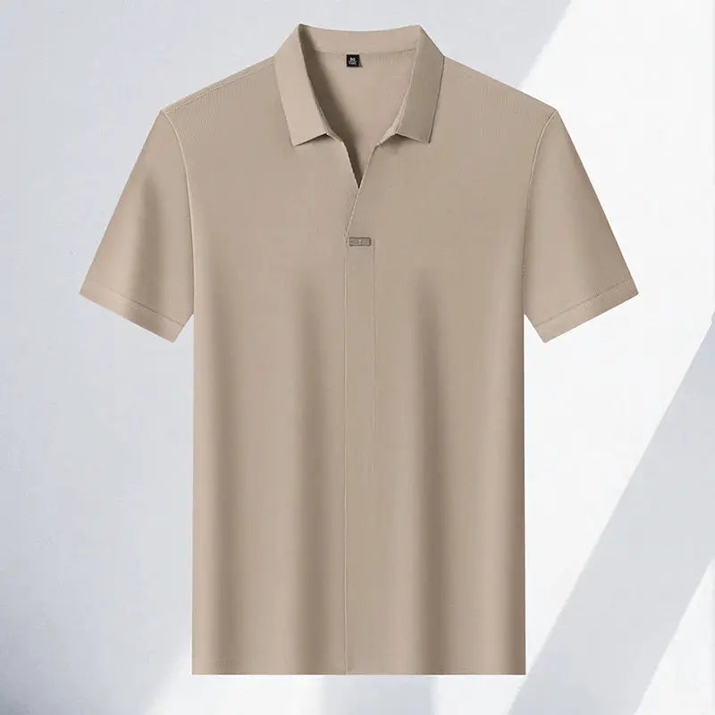 Men's beige polo shirt by Simples Market, short sleeves, solid color for casual summer wear.