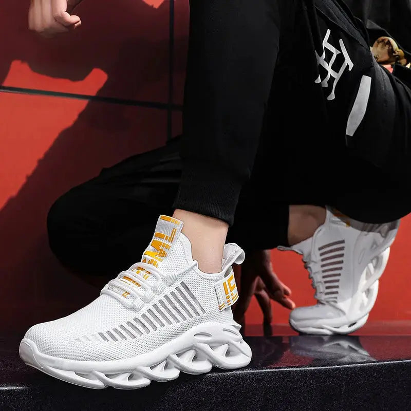 Simples Market white breathable unisex running sneakers, two sneakers shown with gray side stripes and orange heel tabs