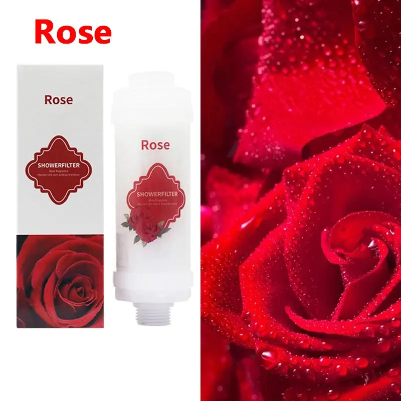 Shower filter bottle and box, 2 items, white with red rose label, rose-scented bathroom purifier