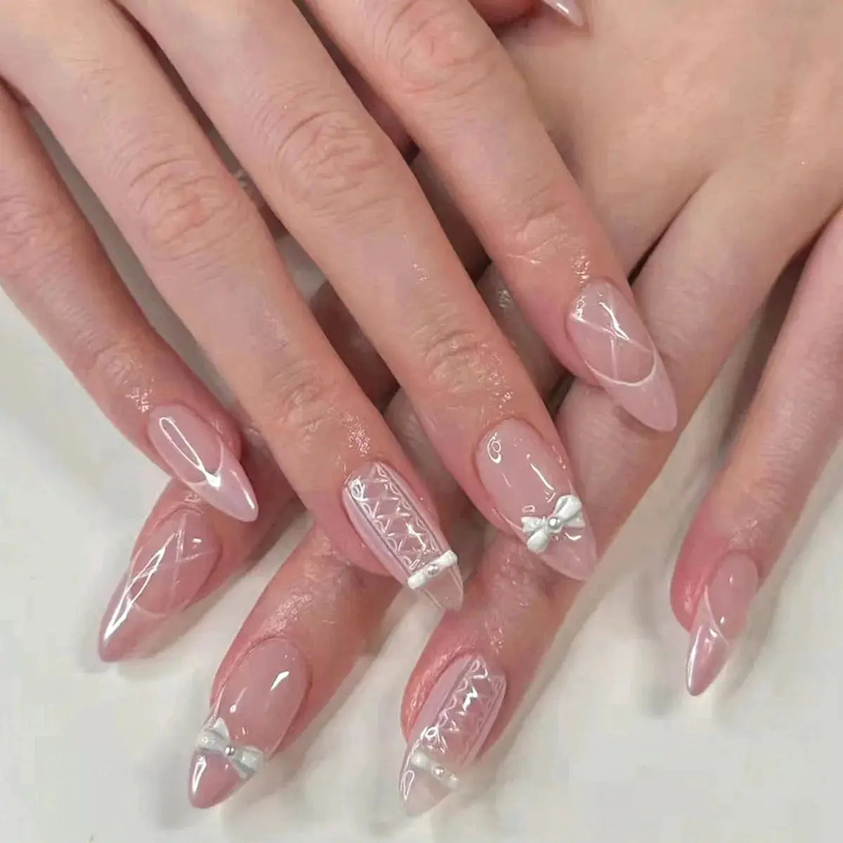 LuxeNail Blush Pink False Nails Bowknot Diamond Pearl Design Press On Nail Tips Harmless Smooth Edge Safe DIY Mani