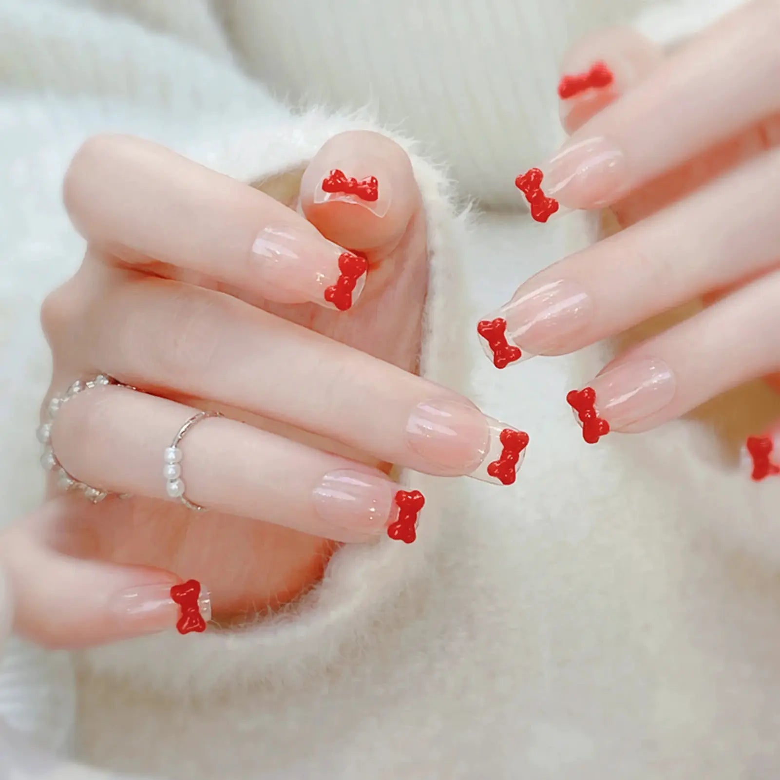 LuxeNail Blush Pink False Nails Bowknot Diamond Pearl Design Press On Nail Tips Harmless Smooth Edge Safe DIY Mani