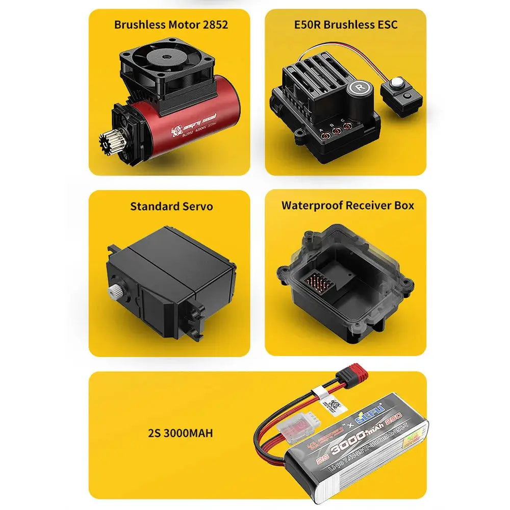 MJX Hyper Go RC car parts kit (5 items): brushless motor, ESC, servo, waterproof receiver box, 2S 3000mAh battery