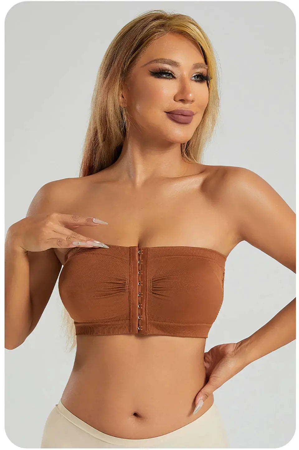 Simples Market women's plus-size strapless bandeau bra with front-closure, seamless wireless brown fabric