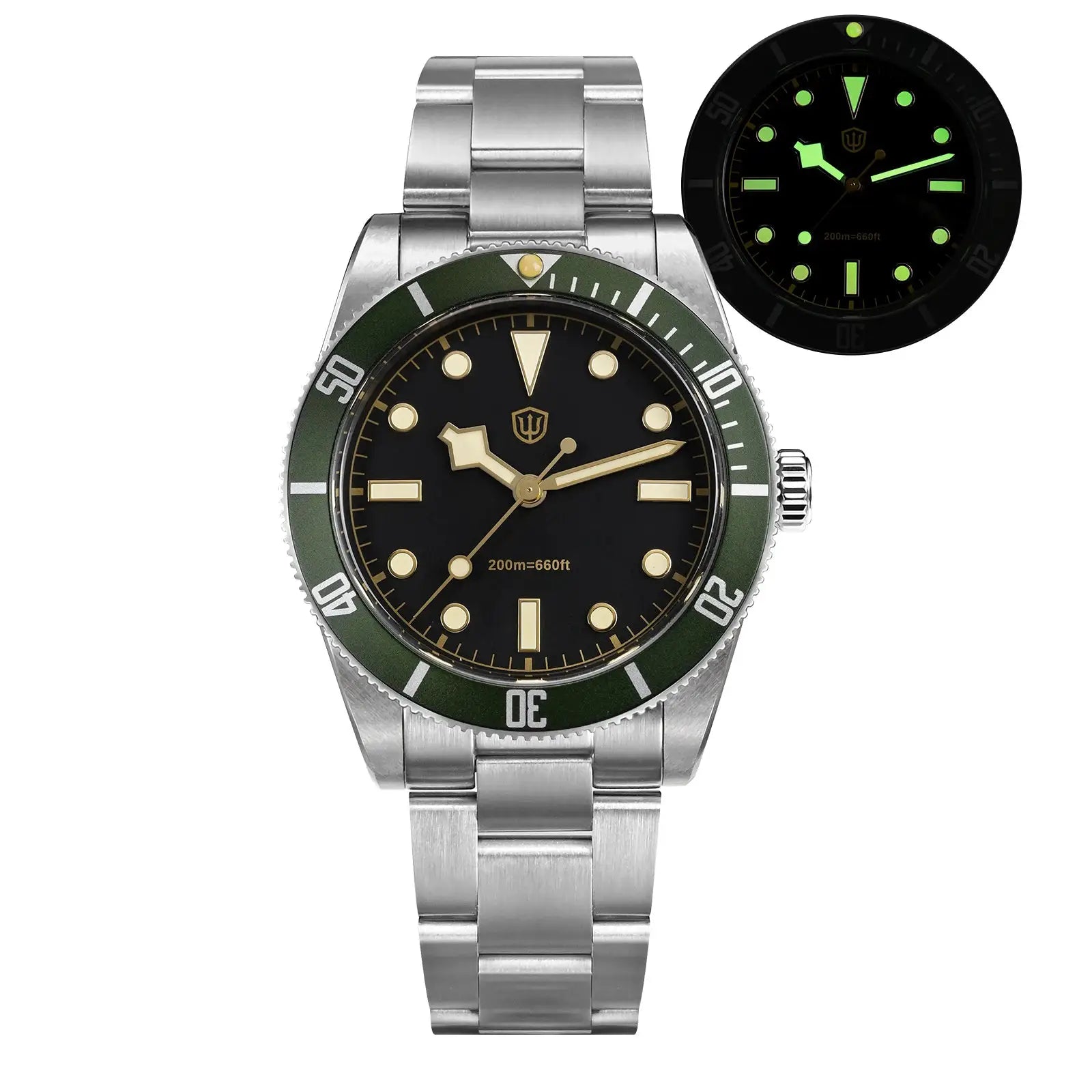 Watchdives WD7922 diver watch with stainless steel bracelet, green bezel, black dial, luminous markers
