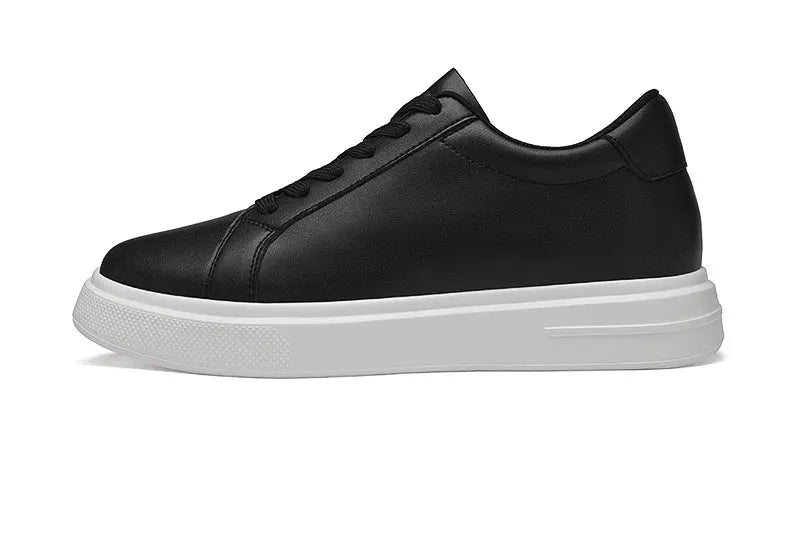 Men's elevator sneakers, black leather with thick white platform sole
