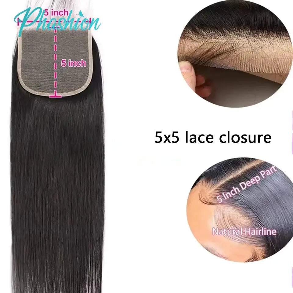 Phashion 5x5 lace closure wig, straight black Remy hair, 24–26in, Swiss transparent lace, Simples Market