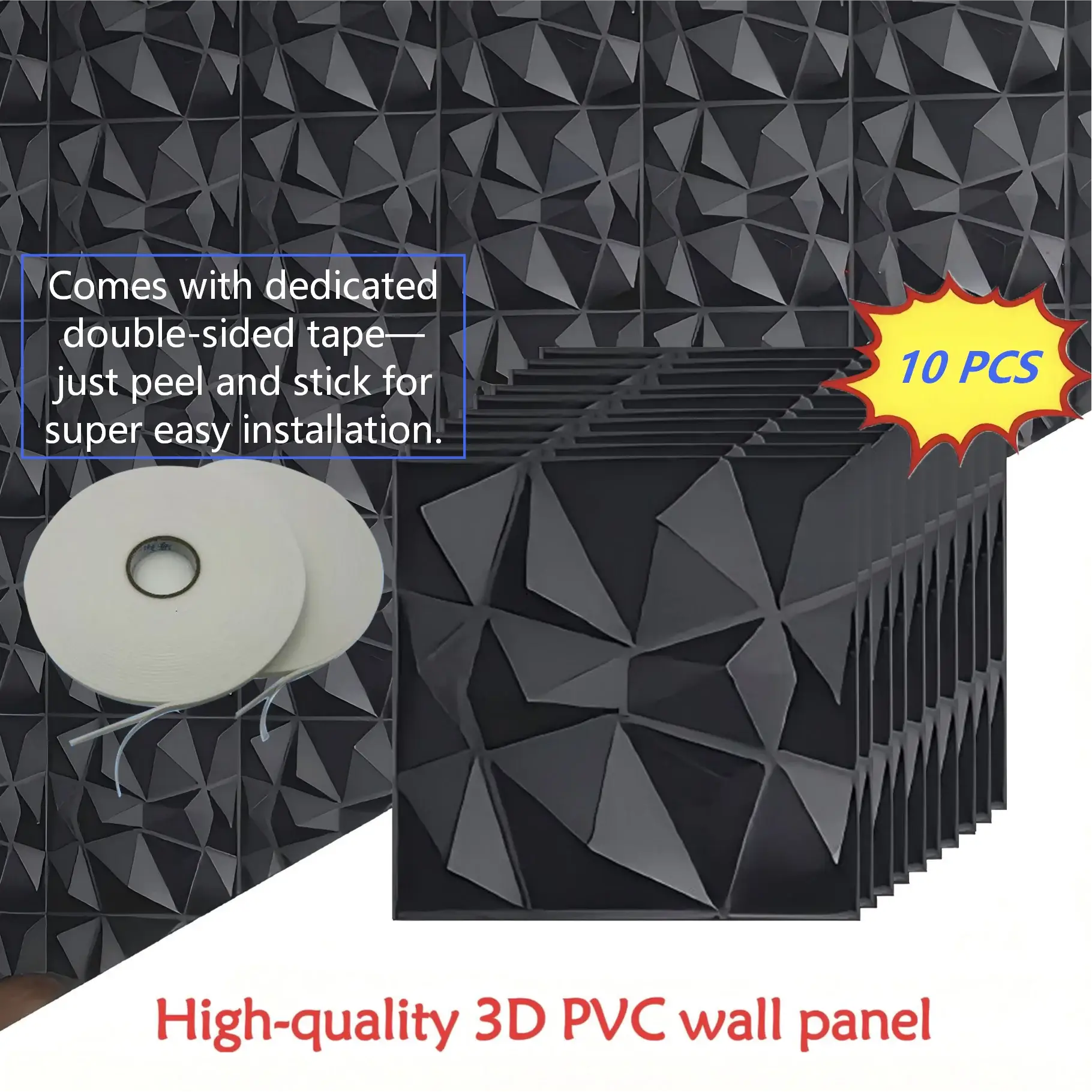 3D PVC wall panels, 10 pcs of 30x30cm in black geometric texture for living room or bedroom decor