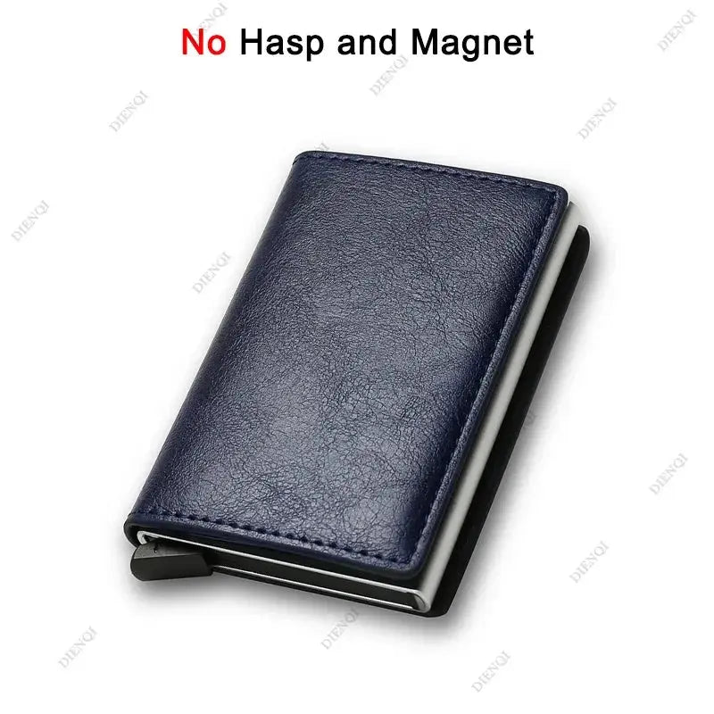 Simples Market navy blue leather RFID-blocking card wallet with automatic pop-up card holder
