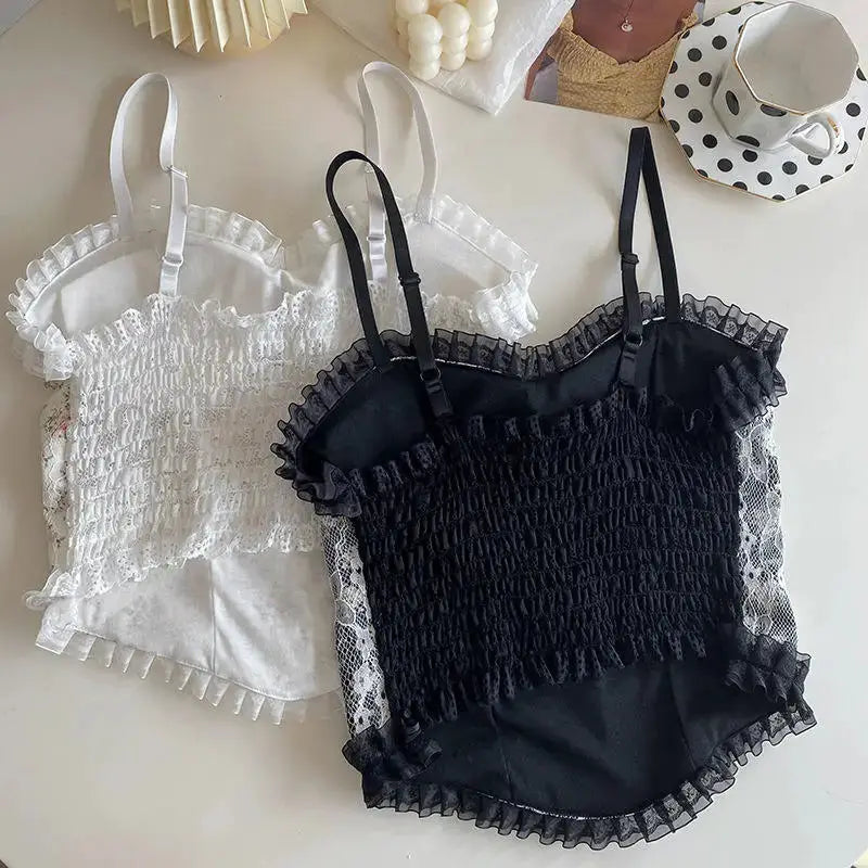 Womens Camisole Summer Lace Floral Ruffle Tank Top Built In Chest Pad No Steel Ring For Layering