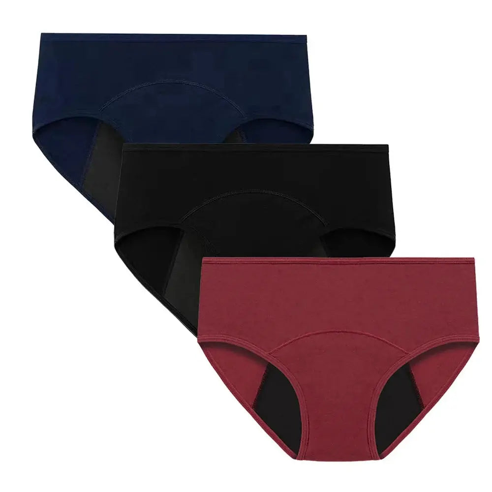 Simples Market menstrual panties; breathable cotton low-rise briefs, 3-pack in navy, black, burgundy.