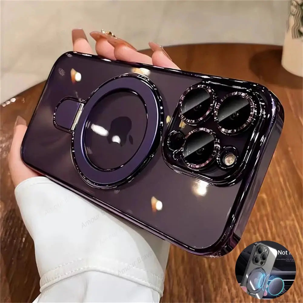 MagSafe bracket phone case with ring stand and lens protector in glossy dark purple by Simples Market