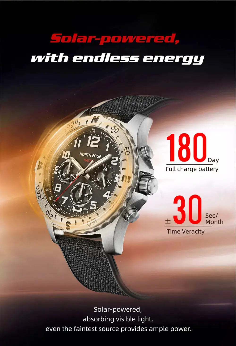 North Edge MACH 2 men's watch, solar-powered with stainless steel case and black fabric strap