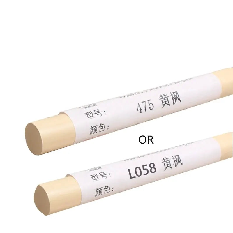 Two beige wooden furniture scratch repair pens with white label wraps
