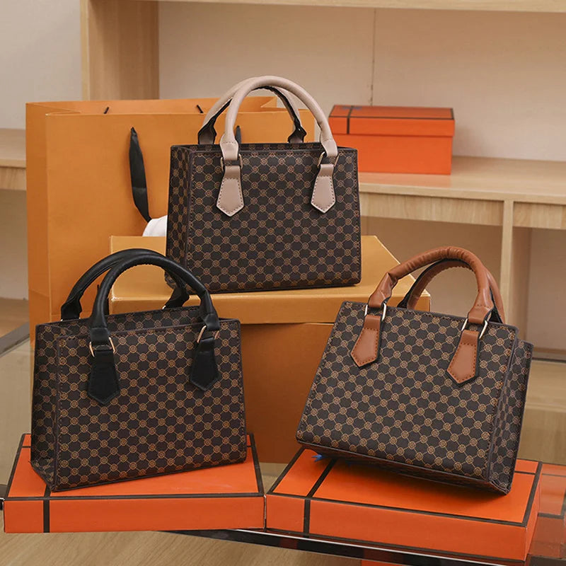 Top-handle fashion square bags set; plaid PU leather totes with black, beige, and tan handles by Simples Market (3-pack).
