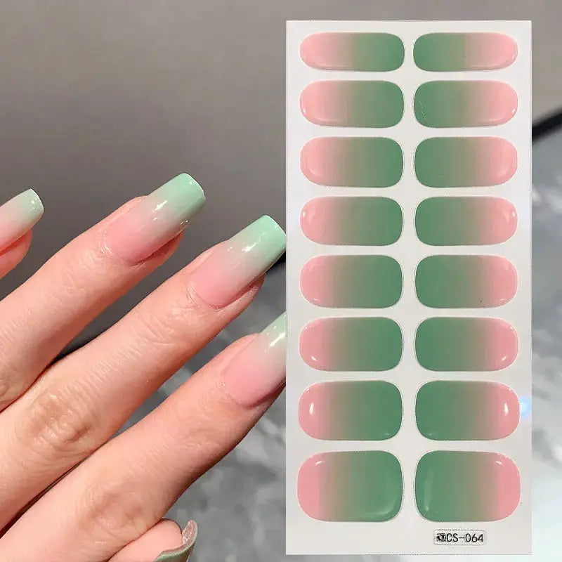 Simples Market nail stickers sheet with pink-to-mint gradient, full-cover 14/16 tips, self-adhesive press-on decals