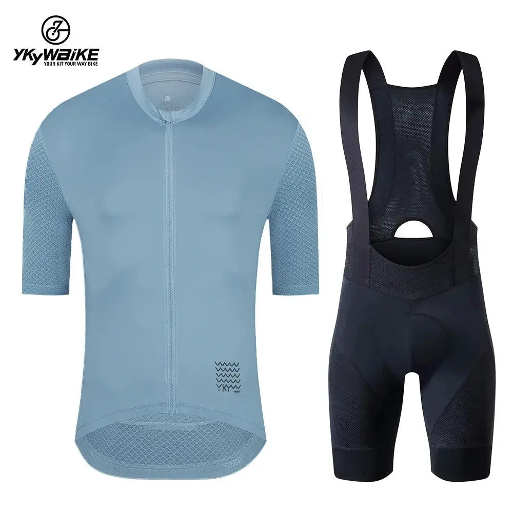 Cycling jersey set by YKYWBIKE: light blue short-sleeve jersey with mesh panels and black bib shorts, 2-piece kit