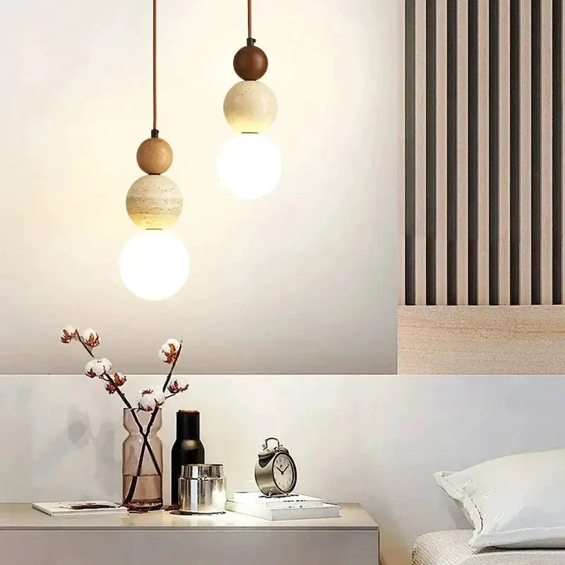 Simples Market cream style pendant lamp with stone wood bead accents, two pendant lights for bedside lighting