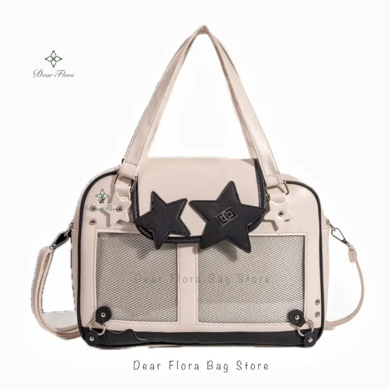 Ita bag beige with black star appliqués and clear mesh pockets, Simples Market