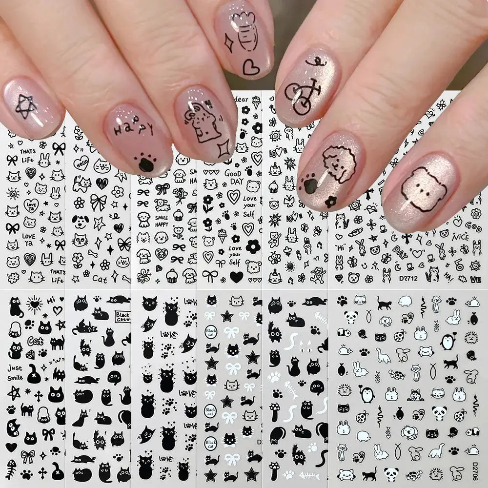12-sheet cartoon black cat nail sticker set for kawaii manicures and decals by Simples Market