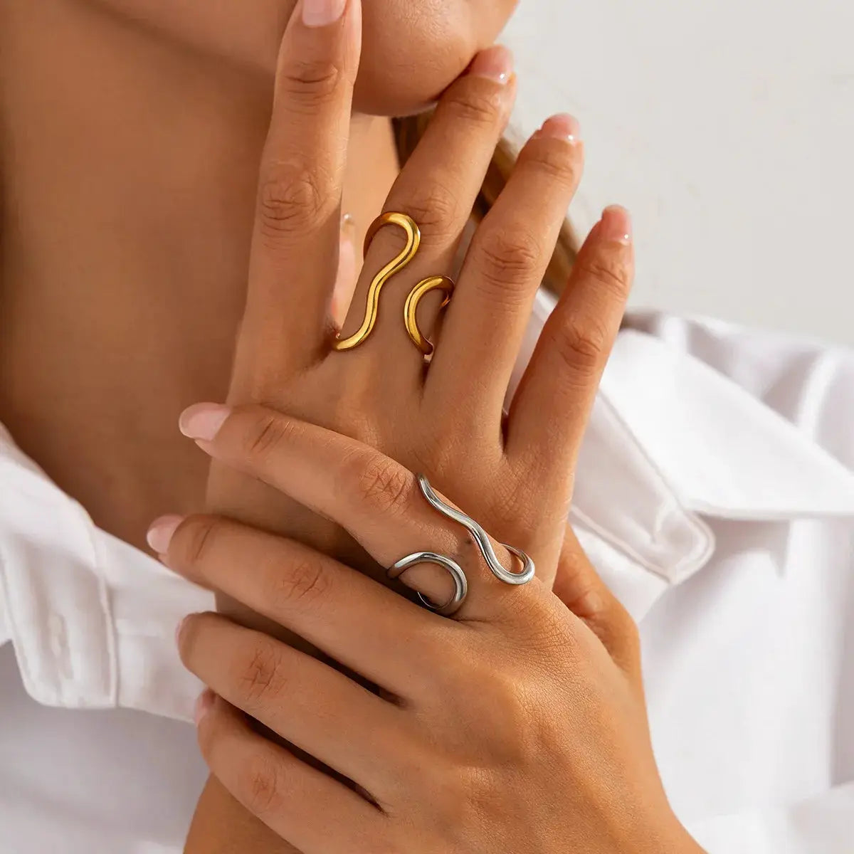 Stainless steel gold-tone irregular rings set for women and men with curved open-loop designs