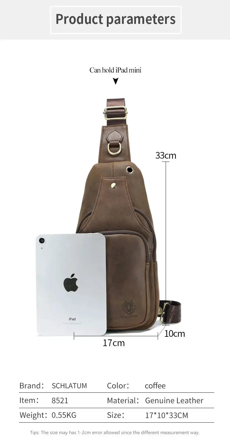 SCHLATUM genuine leather chest bag, coffee color, triangle crossbody design, men's travel shoulder bag