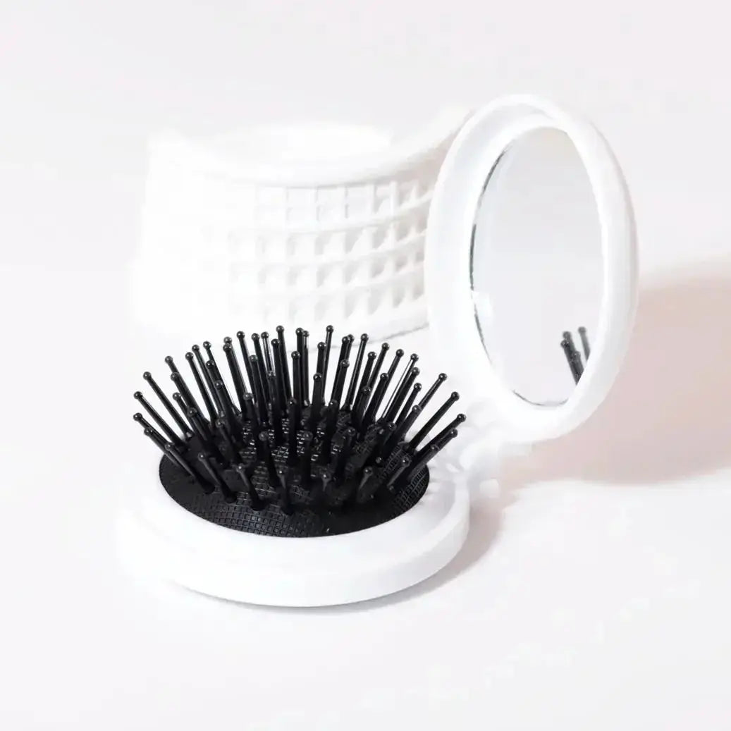 Simples Market white compact mini folding head massager mirror travel hair brush with black bristles