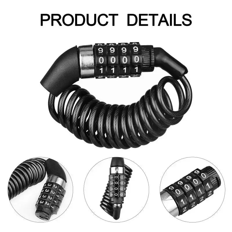 Anti-theft lock with 4-digit combination and coiled black cable for motorcycle/bicycle by Simples Market