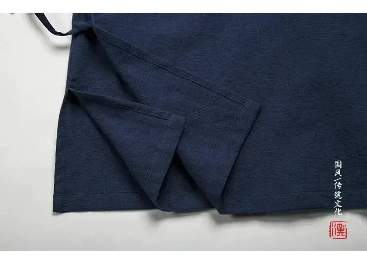 Simples Market men's Hanfu vest in navy blue linen-cotton, sleeveless top with side tie