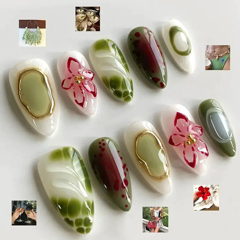 GlamNail Pink Almond Press On Nails Full Coverage Carved Flower 3D Ripple French Tips Golden Pearl Finish