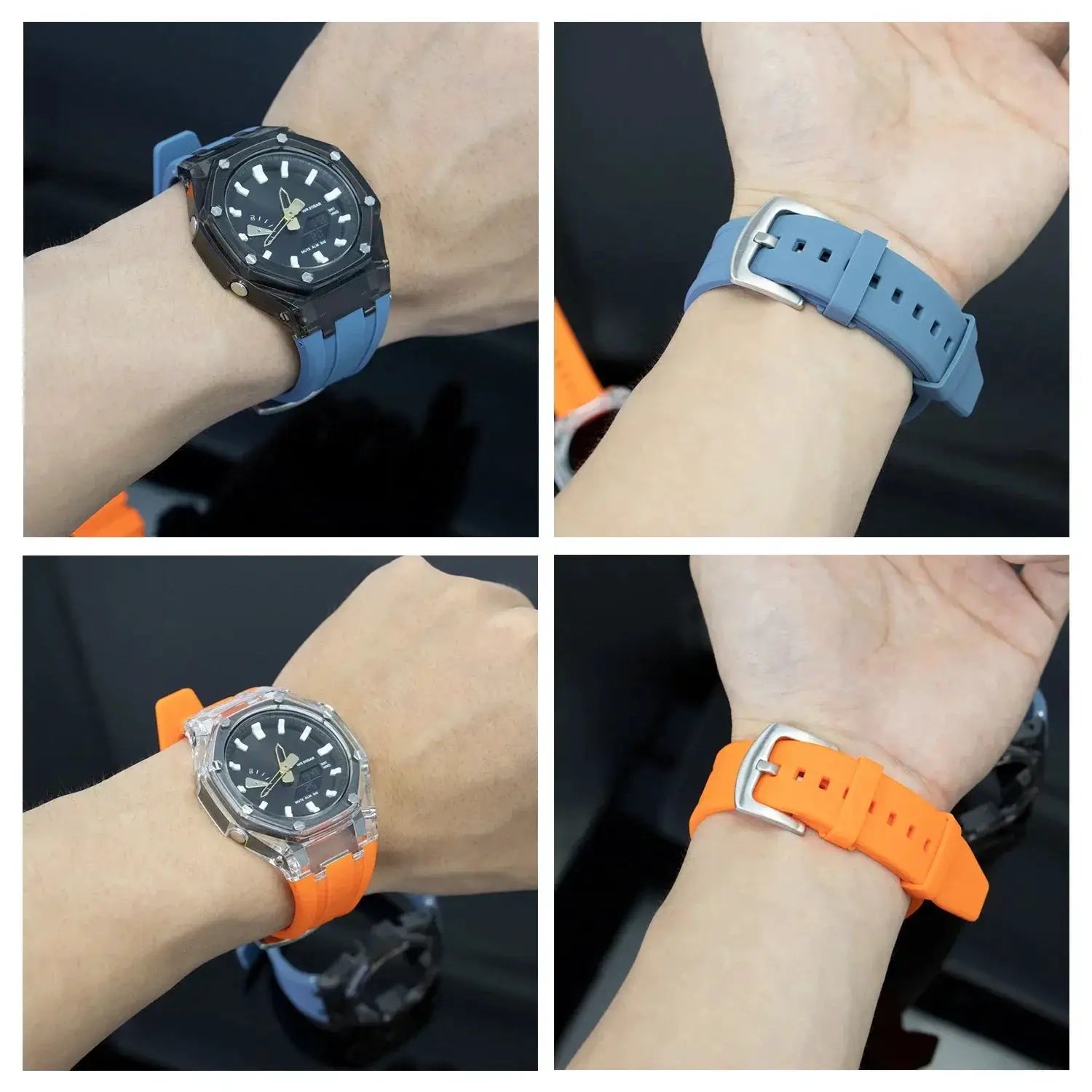 Transparent mod kit with blue and orange silicone straps for Casioak GA2100/GA2110 watches