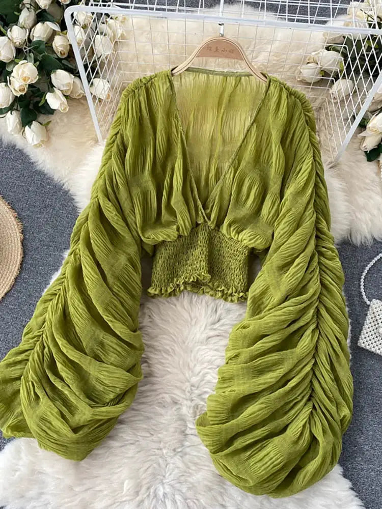 Simples Market olive-green draped chiffon blouse with puff long sleeves and smocked cropped waist