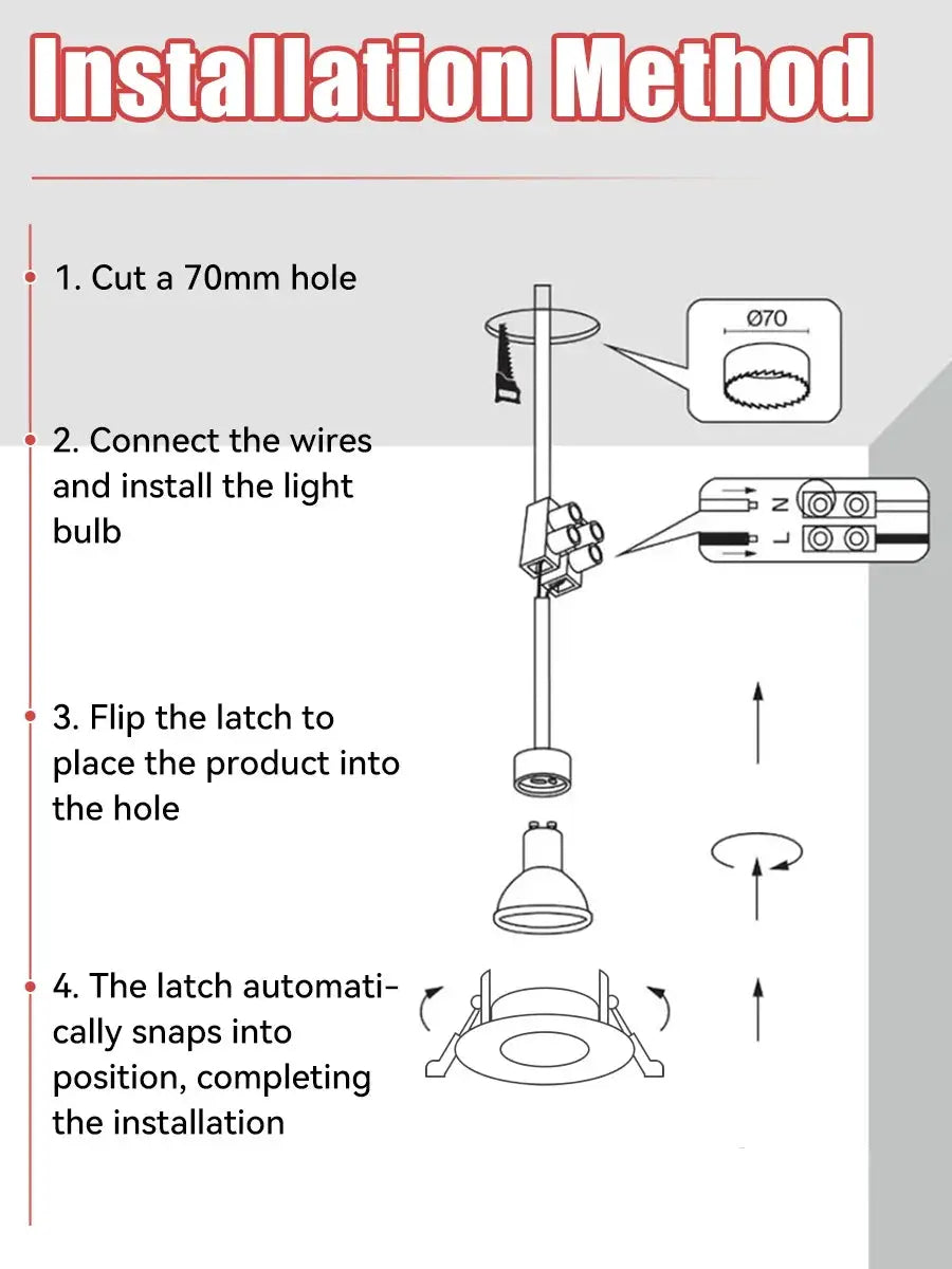 GU10 replaceable-bulb downlight LED ceiling lamp by Simples Market; installation diagram showing 4 steps