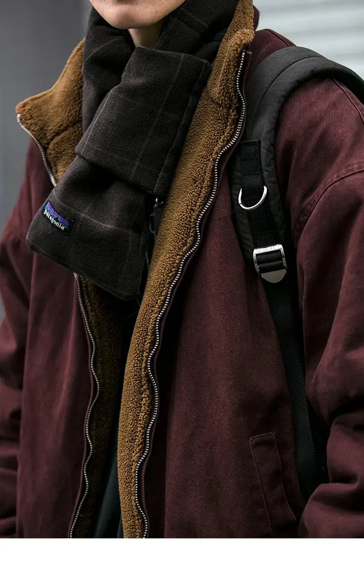 Japanese vintage polar fleece jacket for men, maroon with brown sherpa lining; Patagonia logo on scarf visible