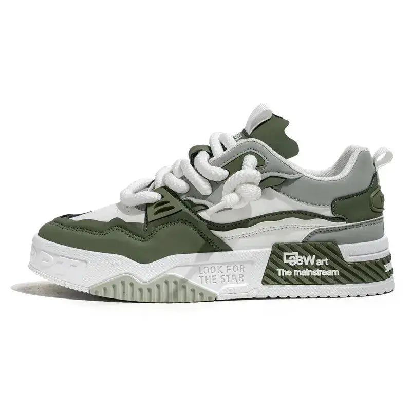 Men's skate sneakers by Simples Market in white, olive green and gray with lace-up, non-slip sole.