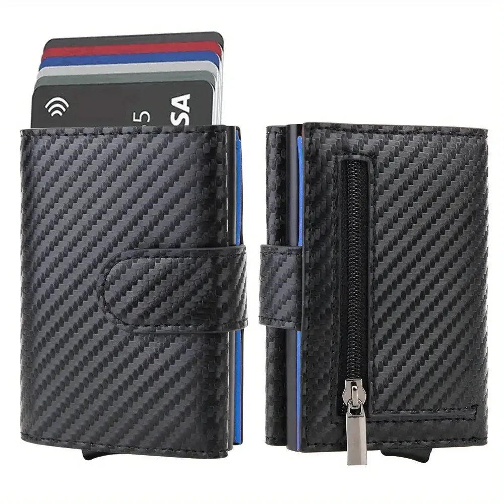RFID microfiber leather men's trifold wallet by Simples Market with card slots and zip coin pocket, black carbon texture