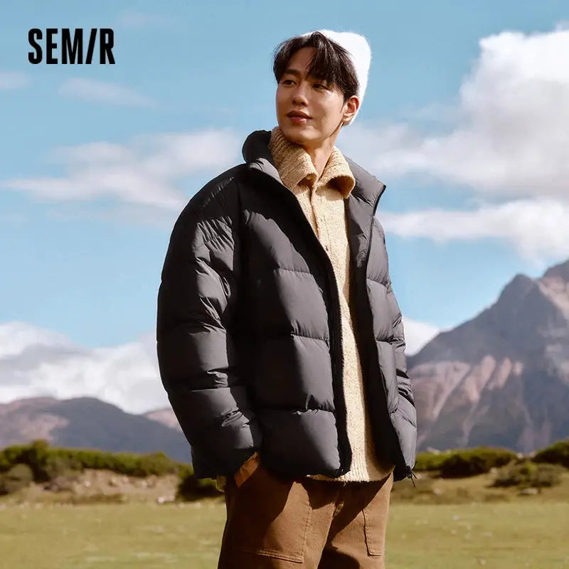 SEMIR men's black puffer down jacket with thick stand collar.