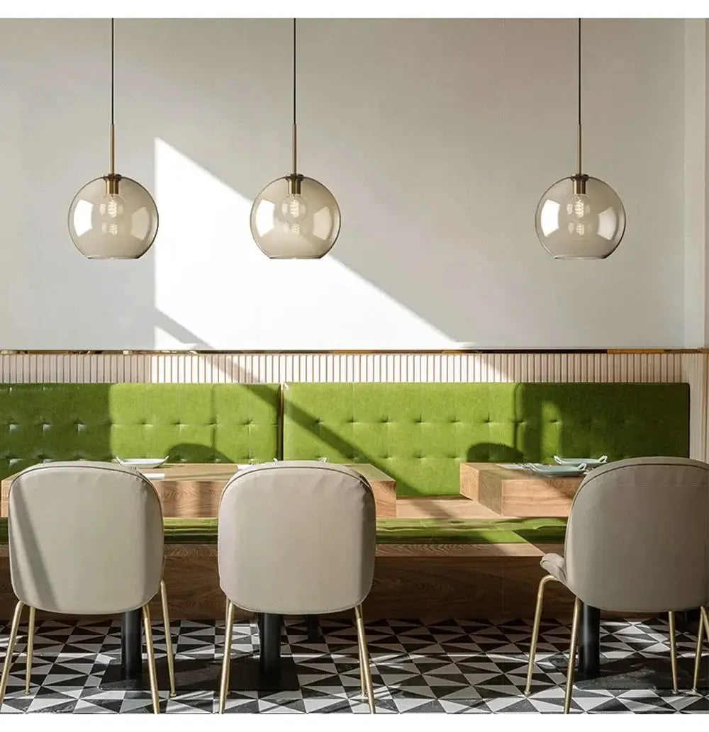 Nordic LED glass chandelier with three clear globe pendant lights and brass fittings