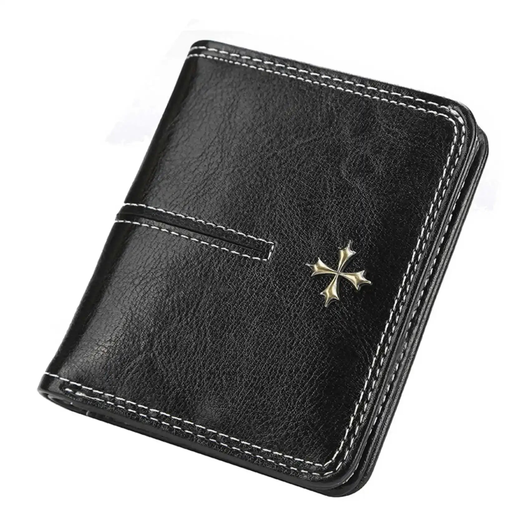 Simples Market women's short oil-waxed PU wallet in black with white stitching and gold cross emblem