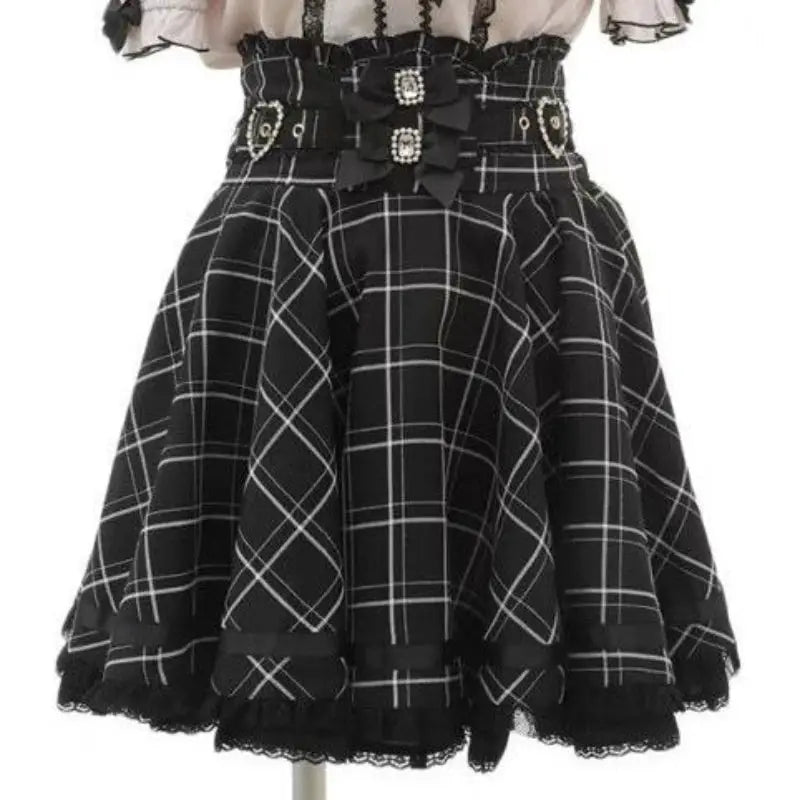 Girls black plaid skirt with lace-trim hem and bow belt, Simples Market