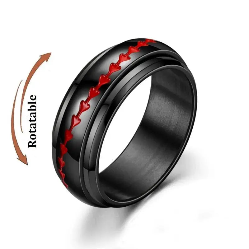 Fidget spinner ring in black stainless steel with red rotatable inlay for anti-stress relief
